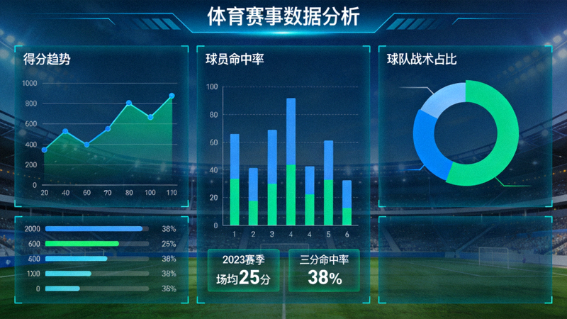 体育数据分析界面,多组统计数据与趋势图表展示