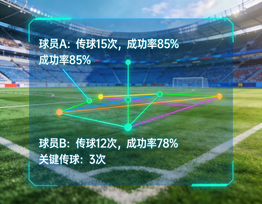足球比赛数据分析画面，球场上的传球路线与统计数据叠加